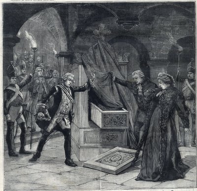 Scenen af kældre i stykket "" Catherine of Russia"" på teatret af Cathelet Paul Ginisty (1855-1932) og Charles Samson (1894-1895). Gravering i "" Le Petro Parisien"" af Anonymous Anonymous
