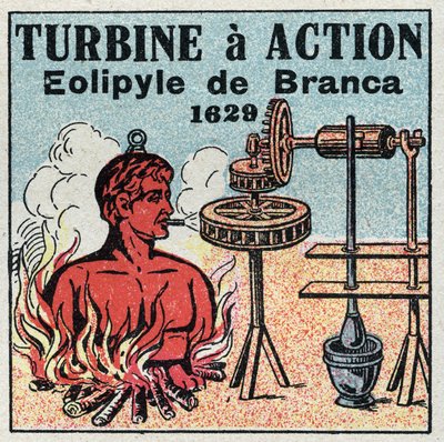 Dampmaskinen: turbine har handling. Eolipyle opfundet af Giovanni Branca (1571-1645) i 1629. Anonym illustration fra 1925. Privat samling. af Anonymous Anonymous