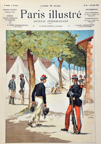 Eleverne på skolen Saint-Cyr (Saint Cyr) i Chalons-lejren. Indgravering fra 1887 i "" Paris-Illustrous journal weekly"". af Anonymous Anonymous