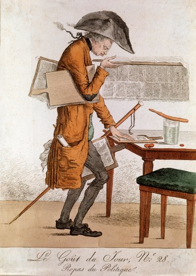 Dagens smag: Karikaturpolitisk frokost på jobbet som journalist. Gravering slutningen af det 18. århundrede begyndelsen af det 19. århundrede Privat samling af Anonymous Anonymous