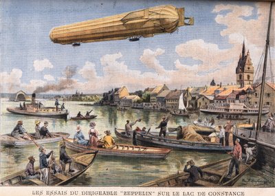 Testene af Zeppelin-luftskibet på Bodensøen i Tyskland. Gravering fra avisen "" Le Peute Parisien"", den 2/08/1908. Privat samling. af Anonymous Anonymous