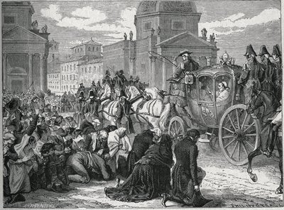 Pave Pius VIIs (Pio) (1742-1823) triumferende indtog i Rom (Roma) den 24. maj 1814. Indgravering af det 19. århundrede. Privat samling. af Anonymous Anonymous