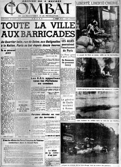 Hele byen ved barrikaderne: befrielse af Paris - i "Combat"" af 23/08/1944, saml. MDJ Bernard. af Anonymous Anonymous