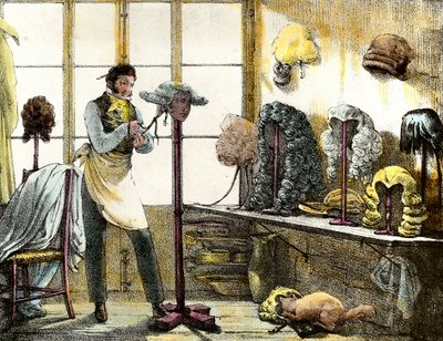 Parykken styler en paryk af en catogan, herrefrisør. Gravering fra spejlshows, breve, medicin osv. Kunsten”” 1821-1823 Privat samling af Anonymous Anonymous