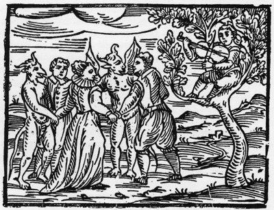 Heksene på sabbatten, der danser til lyden af violinen - "Compendium Maleficarum", handler om heksene, deres ondskab og deres sortileges af Francesco Maria Guazzo eller Guaccio eller Guaccius (15?? -16??) 1608 Privatsamling af Anonymous Anonymous