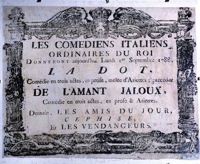 Teaterplakat, der præsenterer stykket "The dot" og "The jealous lover"" fremført af italienske komikere, 01/09/1788. Paris. Carnavalet Museum af Anonymous Anonymous