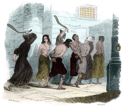 Tortur under inkvisitionen i Spanien i det 16. århundrede: Piskens pine. Illustration i "" Mysteres of the Inquisition and Other Secret Societies of Spain"" Af Victor de Fereal, Suberwick, Manuel Galo de Cuendias. Udgivet af P. Boizard af Anonymous Anonymous