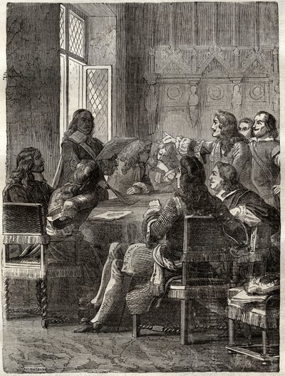 Ryswick-traktaten (Ryswick-traktaten, 30. oktober 1697) (afslutningen på krigen i Augsburg-forbundet mellem Ludvig XIV og Den Store Alliance). Indgravering af det 19. århundrede. Privat samling. af Anonymous Anonymous