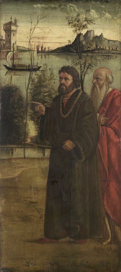 To mænd i et landskab, ca. 1500 (olie på panel) af Anonymous Anonymous