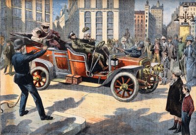 Usædvanlige amerikansk politimetoder til at arrestere bilister, der begår hastighedsspændinger, mens de kører i deres biler. Indgravering fra avisen "" Le Petro Parisien"", den 31/05/1908. Privat samling. af Anonymous Anonymous