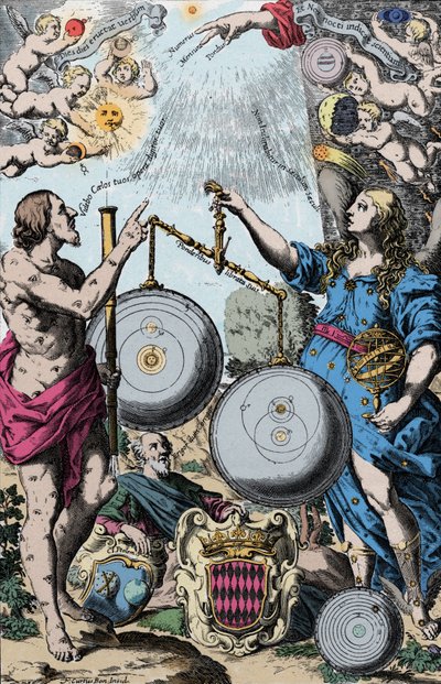 Urania, Astronomiens Muse repræsenteret foran Argus, der holder et teleskop. De vejer og sammenligner Copernicus-systemet (til venstre) og Jesuites. Giovanni Riccioli inspirerer fra Tycho Brahes (som kombinerer Ptolemæs geocentriske visioner) af Anonymous Anonymous