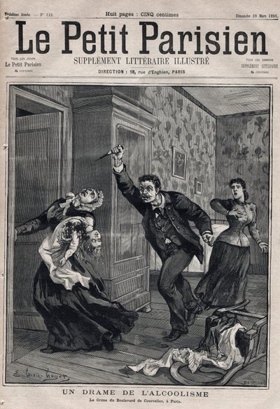 Forskellige fakta: et drama om alkoholisme - Le crime du Boulevard de Courcelles i Paris - Indgravering i "Le petit Parisien"" fra 1891 - Privat samling af Anonymous Anonymous