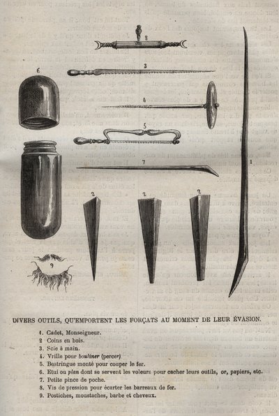 Forskellige redskaber, som forkattene bærer, når de flygter. Indgravering i "Historien om fængslerne fra deres skabelse til i dag"" (1877) af Pierre Zaccone (1817-1895) (Colonia Penale - Straffekoloni) af Anonymous Anonymous