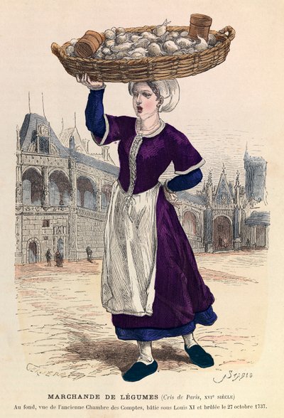Grøntsagssælger i Paris i det 16. århundrede (i baggrunden udsigt til det tidligere Regnskabskammer, batie under Louis XI og brulee den 27. oktober 1737) - Grøntsagssælger af Anonymous Anonymous