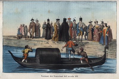 Venetianske kostumer fra det sekstende århundrede - gravering fra "" Skikke og brug for alle mennesker i universet. Det vil sige historien om regeringen, lovene, militsen, om alle nationers religion fra de fjerneste tider til i dag "1856 af Anonymous Anonymous