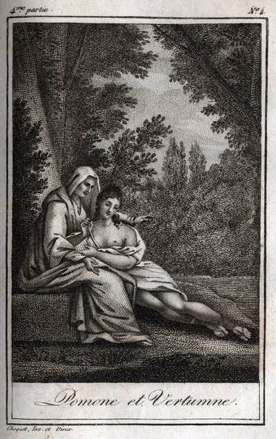Vertumne og Pomone (Jupiter og Ceres): Vertumne, forelsket i nymfen Pomone, forklæder sig som en gammel kvinde for at henvende sig til hende. Stik fra 1819 i "Lettres a Emilie sur la mythologie" af Charles Albert Demoustier (1760-1801). Privat samling. af Anonymous Anonymous