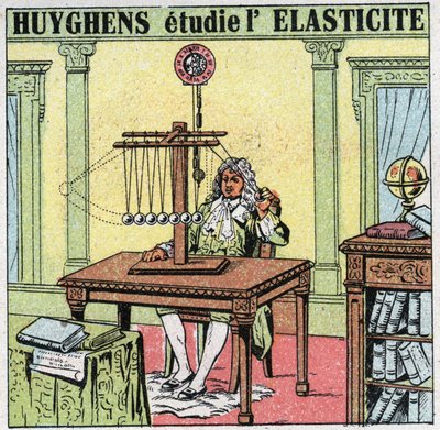 Vibrerende bevægelser: Christiaan Huygens (1629-1695) studerer materialets elasticitet ved at observere elfenbensperler. Anonym illustration fra 1925. Privat samling. af Anonymous Anonymous