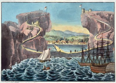 Udsigt over øen St. Helena fra siden af landingsstedet nær Fort James - Anonym - 1815 - Akvatinte - 46,7x54,5 - Privat samling af Anonymous Anonymous