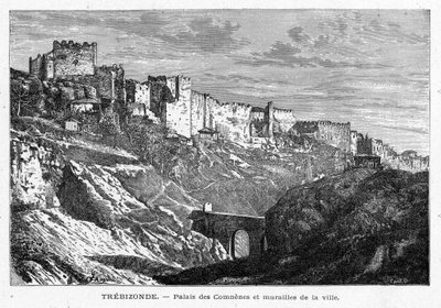 Udsigt over Palais des Comes og væggene i byen Trebizonde (Tyrkiet). Indgravering i "Les Missions Catholiques au XIXeme Siecle"" af Louis-Eugene (Louis Eugene) Louvet. privat samling. af Anonymous Anonymous