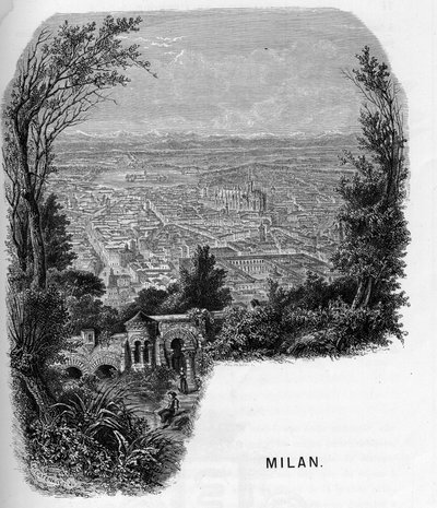 Udsigt over byen Milano (Milano), Italien. Indgravering af 1859 i "" les galeries de l
