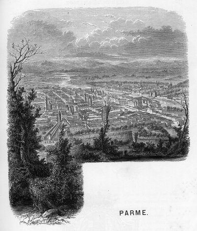 Udsigt over byen Parma (Parma), Italien. Indgravering af 1859 i "" les galeries de l