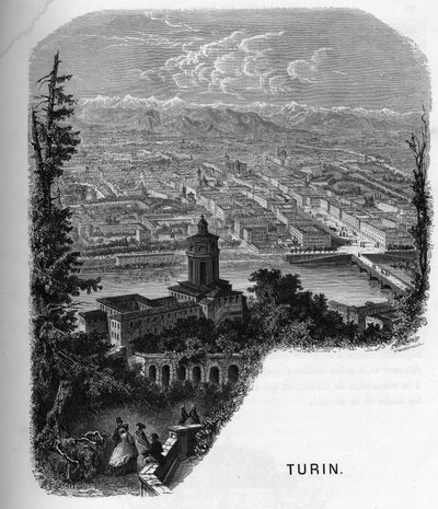Udsigt over byen Torino (Torino), Italien. gravering af 1859 i "" gallerierne i Europa - Italien"" af armengaud. Privat samling. af Anonymous Anonymous