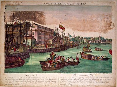 Udsigt over havnen i byen New York (New York) i USA, til venstre et skibsværft. Mundingen af Hudson River og Manhattan Island. Stik af det 18. århundrede. Privat samling af Anonymous Anonymous