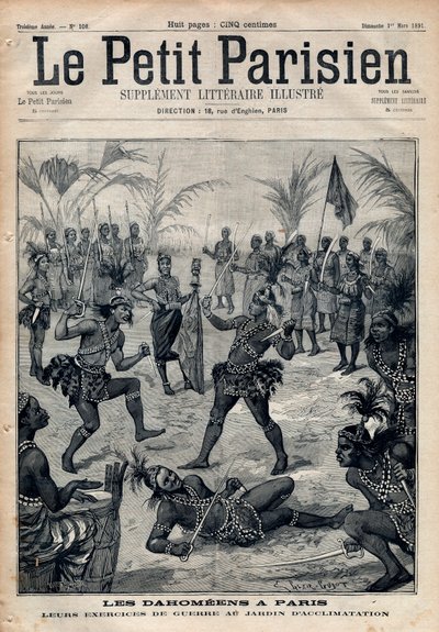 Krigsøvelser: Amazoner, krigere og feticheurs dahomeens (nu Benin) fra akklimatiseringens have i Paris (Human Zoo). Stik i "" Le petit Parisien"" fra 1891. Privat samling. af Anonymous Anonymous