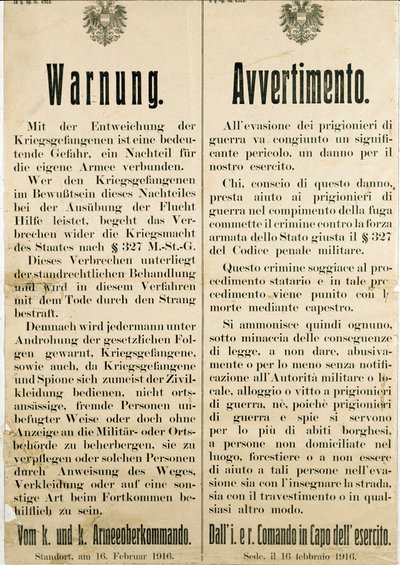Advarsel efter flugten af italienske krigsfanger den 16. februar 1916, der bad den østrigske befolkning om ikke at hjælpe dem (gravering af Anonymous Anonymous