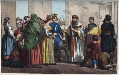 Bryllupper i Rusland i det 18. århundrede - gravering fra "" Skikke og skikke for alle folk i universet. Det vil sige historien om regeringen, lovene, militsen, om alle nationers religion fra de fjerneste tider til i dag "1856 af Anonymous Anonymous