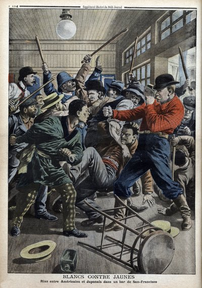 Hvid vs. gul: Amerikansk og japansk rixing i en bar i San Francisco (problemer på grund af udvisning af japanske børn fra amerikanske skoler), illustration fra "" Le Petity Journal"" af 9. juni af Anonymous Anonymous