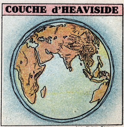 Trådløs telegrafi: Heaviside lag, et lag af jordens atmosfære, der indeholder elektroner, har en mere eller mindre fri tilstand. Anonym illustration fra 1925. Privat samling. af Anonymous Anonymous