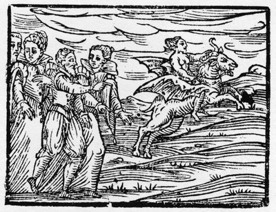 Heks rider på en ged - "" Compendium Maleficarum"", handler om hekse, deres ondskab og deres sortileges af Francesco Maria Guazzo eller Guaccio eller Guaccius (15?? -16??) 1608 privatsamling af Anonymous Anonymous