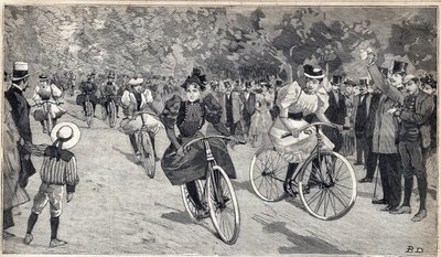 Kvinders race af velocipedists ved Bois de Boulogne nær Paris. Indgravering i "" Le Petit Parisien"" den 25/06/1893. af Anonymous Anonymous