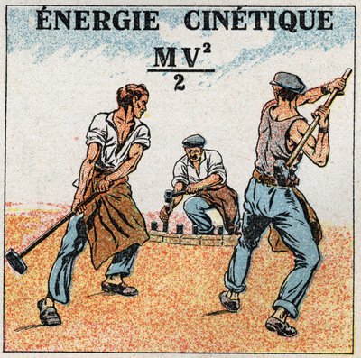 Arbejde og effekt: beregning af kinetisk energi. Anonym illustration fra 1925. Privat samling. af Anonymous Anonymous