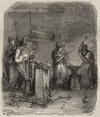 Arbejderstyrker ved Rochefort Bagne i det 19. århundrede. Indgravering i "Fangernes historie fra deres skabelse til i dag"" (1877) af Pierre Zaccone (1817-1895) (Colonia Penale - Straffekoloni). Privat samling. af Anonymous Anonymous
