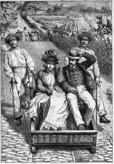 carros de cesto på Madeira 1893 - Les corinhos (carrieros) a Madeira (Madeira) - mænd, der guider et sæde to steder på roulette (un corinho). indgravering i ""Rejsetidsskrift""" 1893 af Anonymous Anonymous