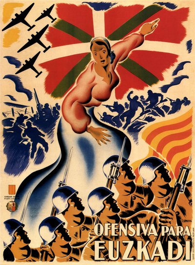 Spansk borgerkrig - Biscayen-kampagne (Biscay-offensiv) Ofensiva Para Euzkadi (Offensiv for Baskerlandet) - Anonym - 1937 - Farvelitografi - 140x100 - Privat samling af Anonymous Anonymous