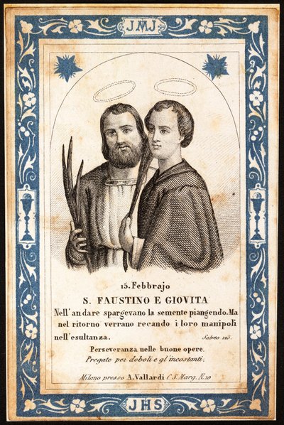 martyrerne Saint Faustin og Saint Jovite Fromme billede. Postkort. Begyndelsen af det 20. århundrede. Privat samling af Anonymous Anonymous