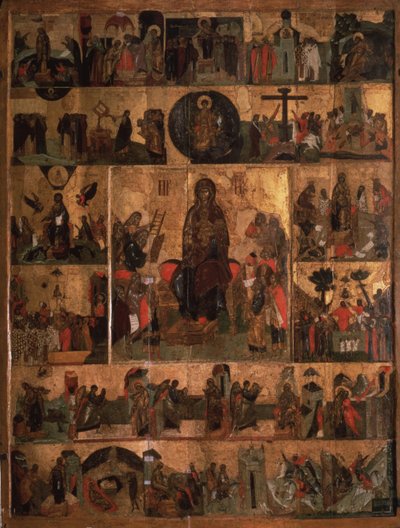 The Glorification of the Virgin Akathist Hymne to the Allerhelligste Theotokos, 14. århundrede af Anonymous Russian icon painter
