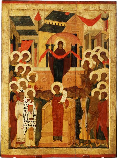 Beskyttelsen af Guds Moder Pokrov, anden halvdel af det 15. århundrede. af Anonymous Russian icon painter