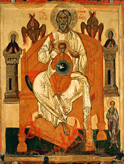 Treenighed med de hellige, begyndelsen af det 15. århundrede. af Anonymous Russian icon painter