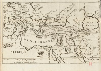 Kort over Taverniers rejser i Europa, Persien, Tyrkiet, 1600-tallet. af Anonymous master.
