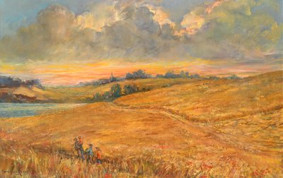 Kornmarker ved solnedgang med udsigt over floden Orwell af Anthea Durose