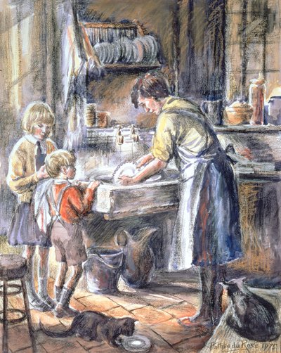 Helping with the Washing Up, 1975 (wc og farveblyant) af Anthea Durose