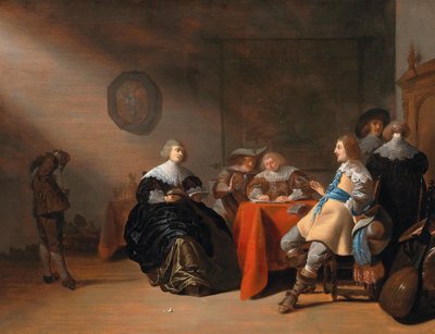 Et interiør med et selskab, der taler sammen ved et bord af Anthonie Palamedesz.