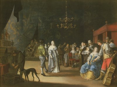 Banketten, et par danser med fest og fest i baggrunden af Anthonie Palamedesz
