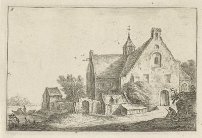 Landsbykirke ved vandet Landskaber med bygninger (serietitel) af Anthonie Waterloo