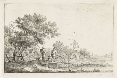 Tre fiskere på en bro Landskaber med bygninger (serietitel) af Anthonie Waterloo