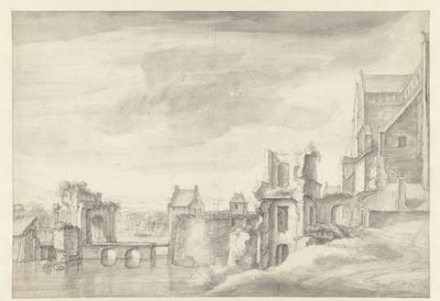 Udsigt over ruiner på en flodbred (St. Walburgkerk i Arnhem?) af Anthonie Waterloo